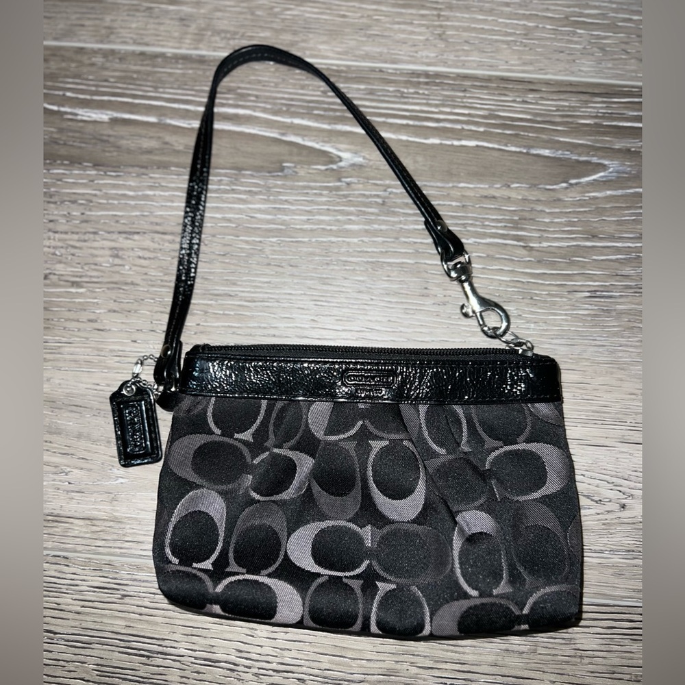 Coach Black/Silver Signature Wristlet Clutch with Strap